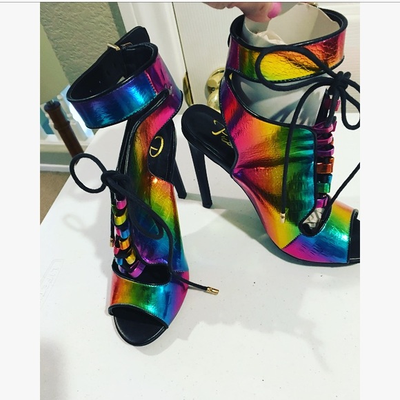 Privileged Neon Rainbow Metallic  Lace -Up Heels 6 - Picture 5 of 8